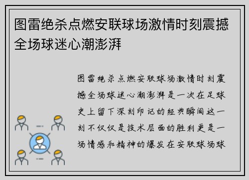 图雷绝杀点燃安联球场激情时刻震撼全场球迷心潮澎湃